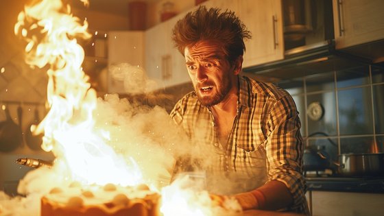 A man in panic as he looks at a kitchen on fire