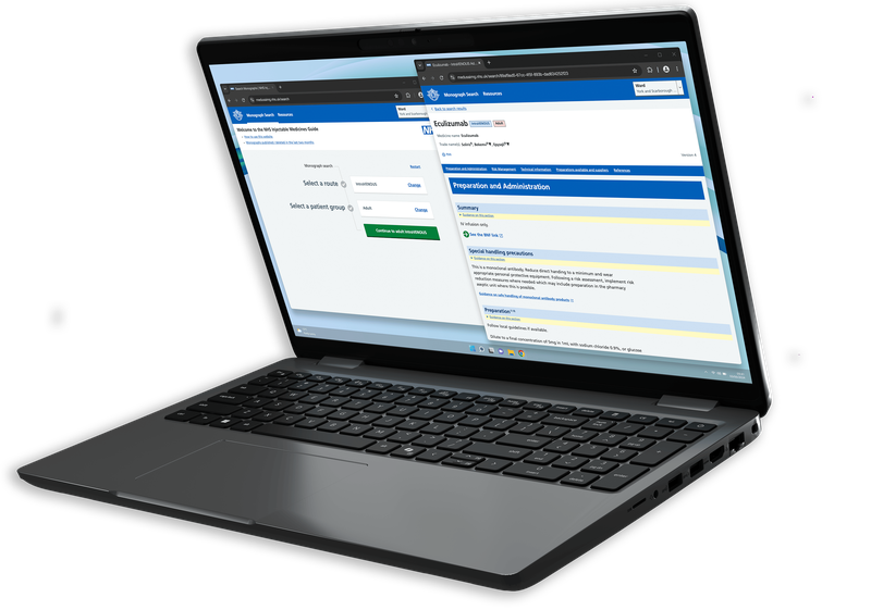 The Injectable Medicines Guide open in two separate windows on a Dell laptop. On the left, the search and navigation interface to select route and patient group, and on the right, the monograph for Eculizumab