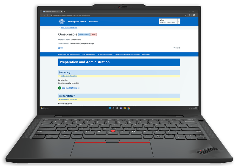 The Injectable Medicines Guide open on a Thinkpad, as it would appear to those looking up information, such as nurses. It shows the Omeprazole monograph.