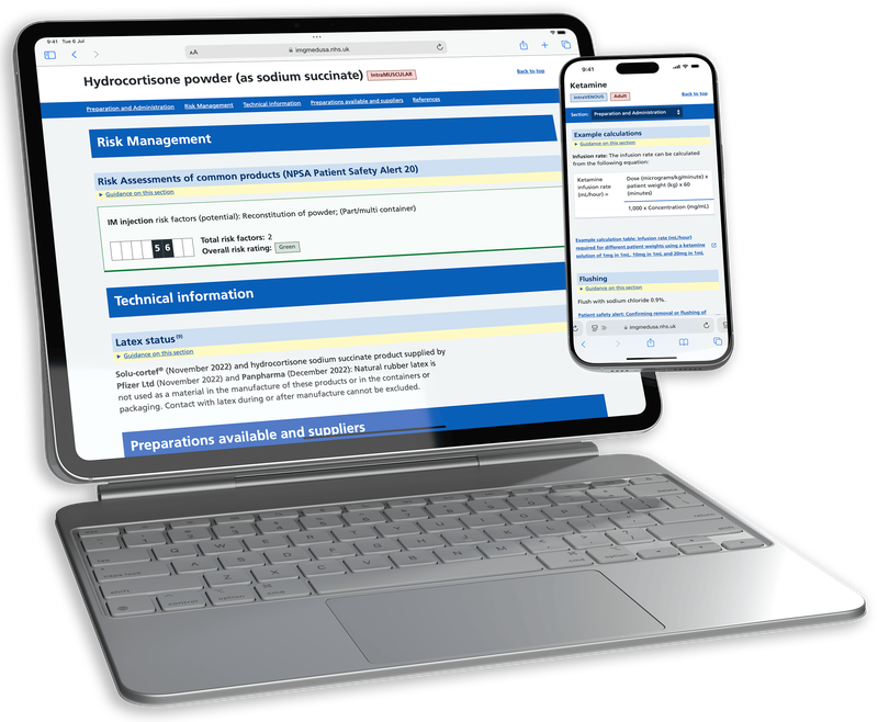 The Injectable Medicines Guide open on an iPad, showing the Hydrocortisone powder monograph, with the risk management section open, and an iPhone showing the Ketamine monograph with the Example calculations section open.