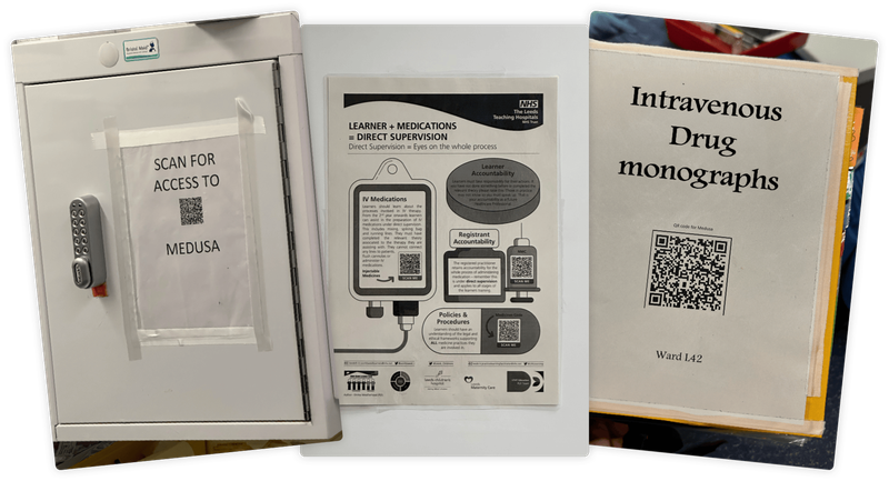 Three images taken during user research for the Medusa Injectable Medicines Guide project in Leeds. From left, an image of a cabinet with a poster saying 'Scan for access to Medusa' with a QR code for users to scan. Middle image shows a poster detailing some guidance on how to administer injectable medicines. The furthest right image shows a binder which contains different monographs that have been printed off as a hard copy, with a cover that says 'Intravenous Drug Monographs', with a QR code for quick access to the old Medusa Injectable Medicines Guide.