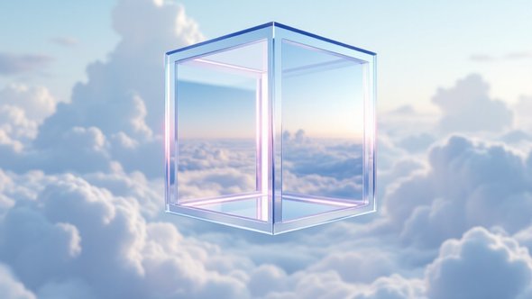 Transparent cube floating in the clouds with blue sky behind